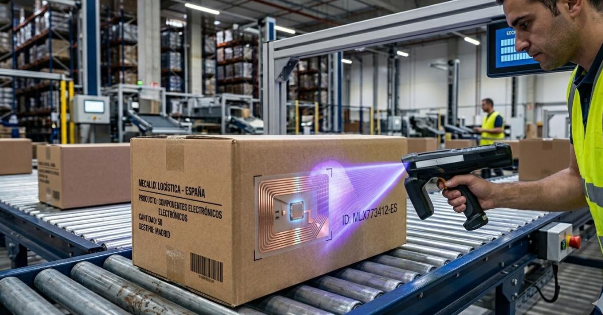 Una persona controla la entrada de stock al almacen con tecnología RFID